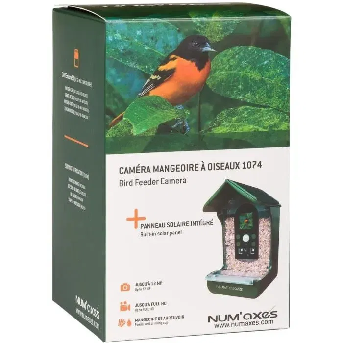 Num'Axes CAM1074 - Mangeoire à oiseaux avec caméra intégrée 12MP, angle 120°, Full HD - Pour ornithologie extérieure - Vert