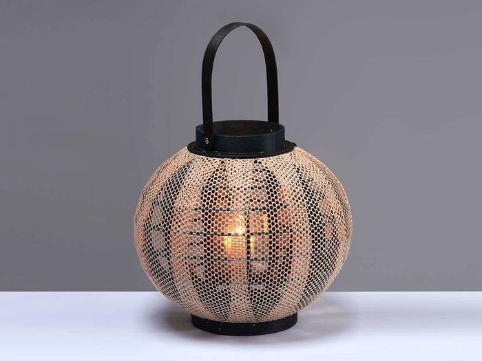 Giftdecor Lanterne Bougeoir Anse Sphère 30x30x30cm Tissu Bois Verre Beige Noir (Set de 2)