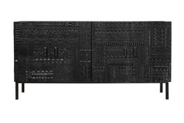 GINER Y COLOMER - Buffet en bois de manguier massif avec pattes en fer noir, portes sculptées de hiéroglyphes - Dimensions : 160 x 40 x 85 cm