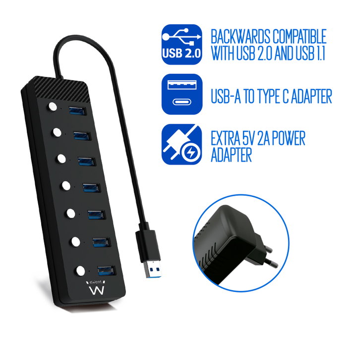 Ewent EW1147 Hub USB 3.0 7 Ports avec Interrupteurs Indépendants, Adaptateur USB-C et Alimentation - Concentrateur 5 Gbps Ewent EW1147 Hub USB 3.0 7 Ports avec Interrupteurs Indépendants, Adaptateur USB-C et Alimentation - Concentrateur 5 Gbps