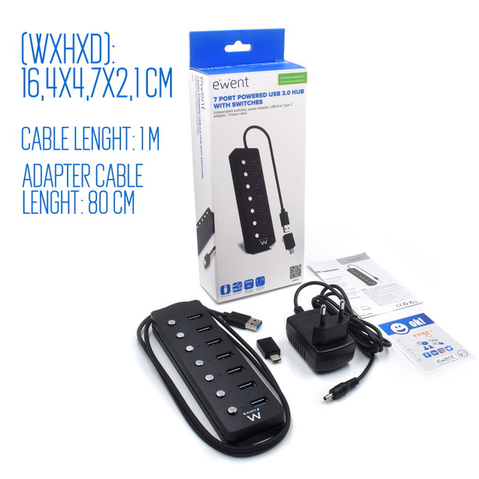 Ewent EW1147 Hub USB 3.0 7 Ports avec Interrupteurs Indépendants, Adaptateur USB-C et Alimentation - Concentrateur 5 Gbps Ewent EW1147 Hub USB 3.0 7 Ports avec Interrupteurs Indépendants, Adaptateur USB-C et Alimentation - Concentrateur 5 Gbps