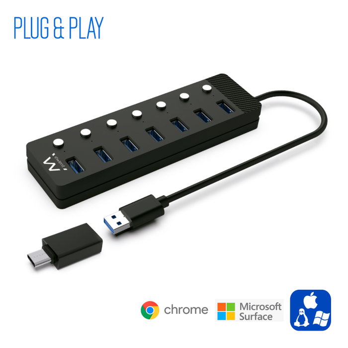 Ewent EW1147 Hub USB 3.0 7 Ports avec Interrupteurs Indépendants, Adaptateur USB-C et Alimentation - Concentrateur 5 Gbps Ewent EW1147 Hub USB 3.0 7 Ports avec Interrupteurs Indépendants, Adaptateur USB-C et Alimentation - Concentrateur 5 Gbps