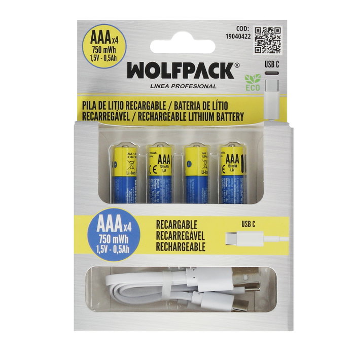 WOLFPACK LINEA PROFESIONAL Piles Lithium Rechargeables AAA 1,5V USB-C (Lot de 4)