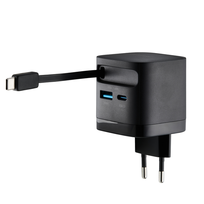 Intenso Cargador mural 65W GaN W65ACIC avec câble USB-C rétractable Noir - Chargeur rapide PD 3.0 QC 4.0