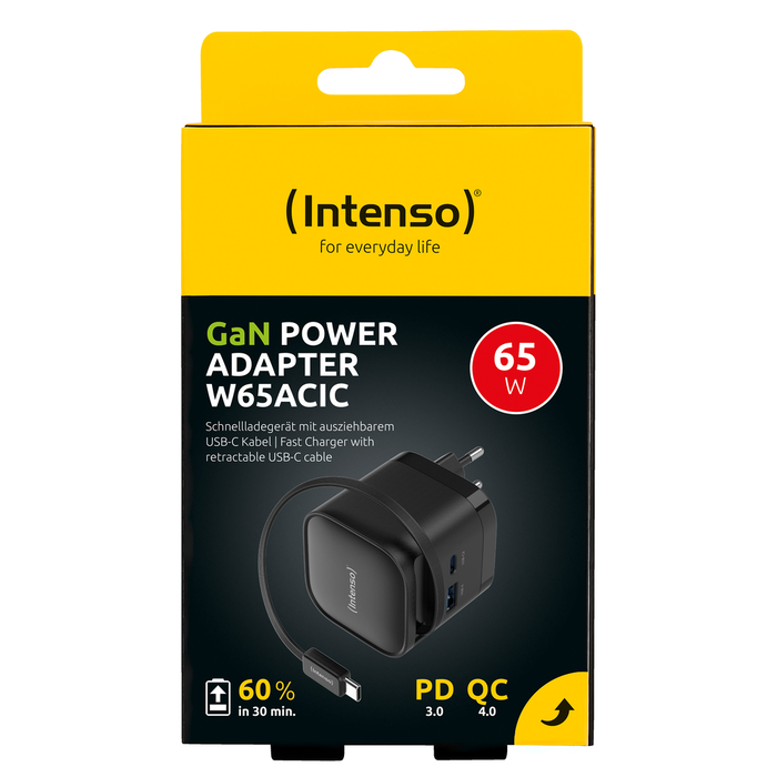 Intenso Cargador mural 65W GaN W65ACIC avec câble USB-C rétractable Noir - Chargeur rapide PD 3.0 QC 4.0