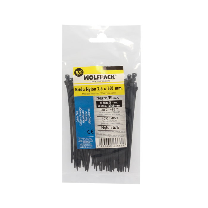 WOLFPACK LINEA PROFESIONAL Bridas en Nylon Noir 2,5 x 160 mm - Sac 100 unités WOLFPACK LINEA PROFESIONAL Bridas en Nylon Noir 2,5 x 160 mm - Sac 100 unités
