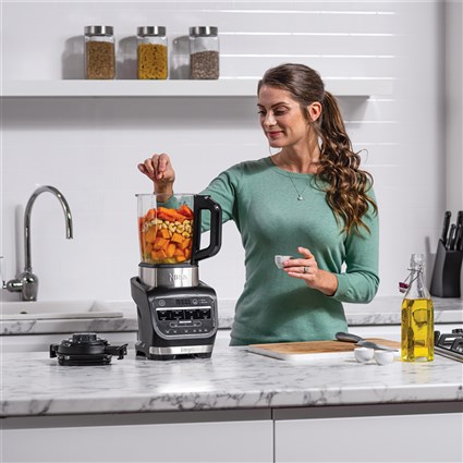 Ninja HB150EU - Blender électrique Foodi avec technologie Auto-iQ, 1000 W, 2 bouteilles de 700 ml et couvercles voyage, acier inoxydable, pour smoothies et soupes