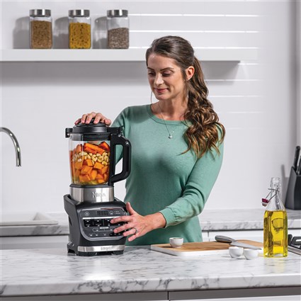 Ninja HB150EU - Blender électrique Foodi avec technologie Auto-iQ, 1000 W, 2 bouteilles de 700 ml et couvercles voyage, acier inoxydable, pour smoothies et soupes