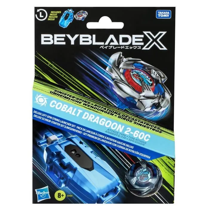 Beyblade Toupie Beyblade X Cobalt Dragoon 2-60C avec Lanceur à Corde Deluxe - Rotation Gauche, Type Attaque - Pour Enfants de 8 Ans et Plus