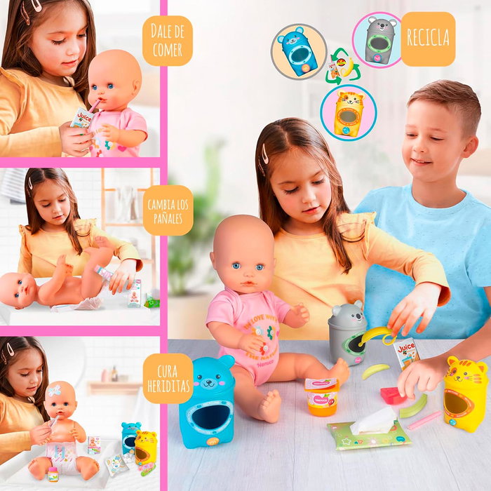 Nenuco Cuida Y Recicla - Poupée interactive 42 cm avec accessoires de soin bébé et jeu de tri sélectif - Référence Nfn98000