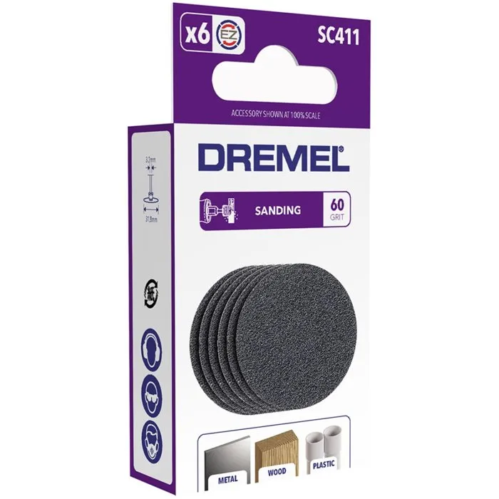 Dremel Disque de Ponçage S411 EZ SpeedClic - Lot de 6, Grain 60, Diamètre 30 mm - Pour ponçage léger et façonnage