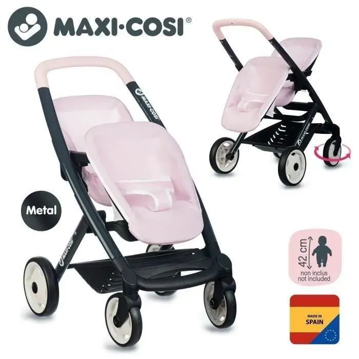 Smoby Poussette Jumeaux Maxi-Cosi Rose avec Roues Silencieuses et Multiples Réglages - Dès 3 Ans - Fabrication Espagnole