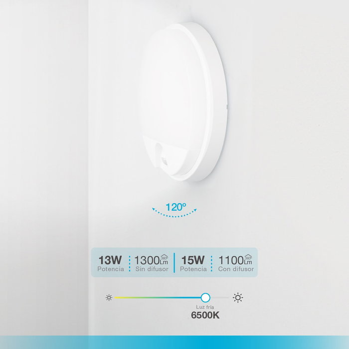 GSC Evolution Applique murale ronde LED Doko avec capteur de mouvement, 15W, 6000K, Blanc