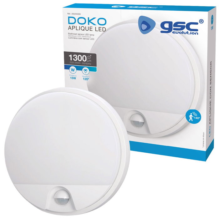 GSC Evolution Applique murale ronde LED Doko avec capteur de mouvement, 15W, 6000K, Blanc
