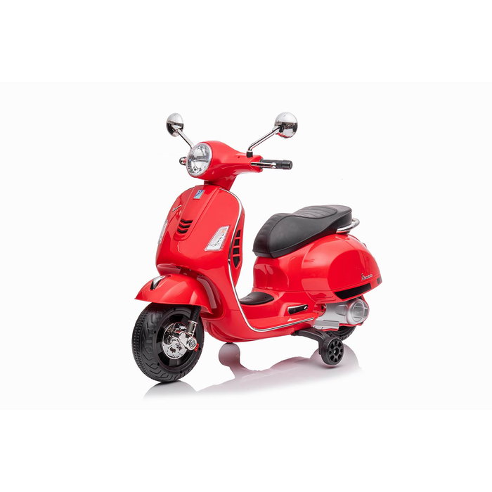 Vespa - Moto électrique pour enfant 12V rouge avec licence officielle Tachan - 2 batteries 6V, LED, USB/MP3, roues latérales - À partir de 3 ans
