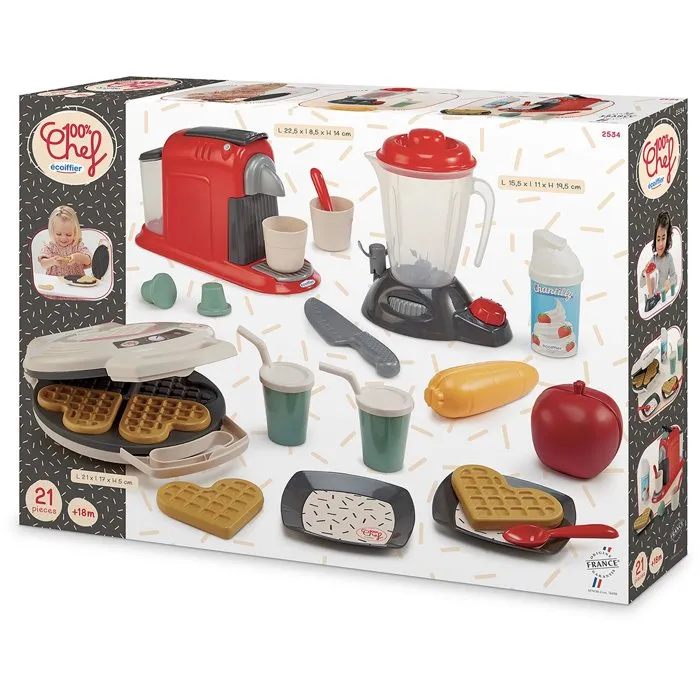 Ecoiffier 2534 Ensemble Petit Électroménager Chef 100% - Gaufrier, Cafetière, Blender avec 21 Accessoires - Jouet pour Enfant dès 18 Mois