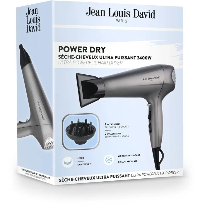 Jean Louis David - Sèche-cheveux Power Dry 2400 W avec diffuseur - 3 températures et 2 vitesses - Gris - Professionnel