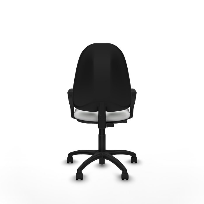 Chaise de bureau Algarra avec mécanisme Contact permanent de base, revêtement en tissu blanc. Équipée d'une base en polyamide noir, d'accoudoirs fixes et de roulettes en nylon de 50 mm