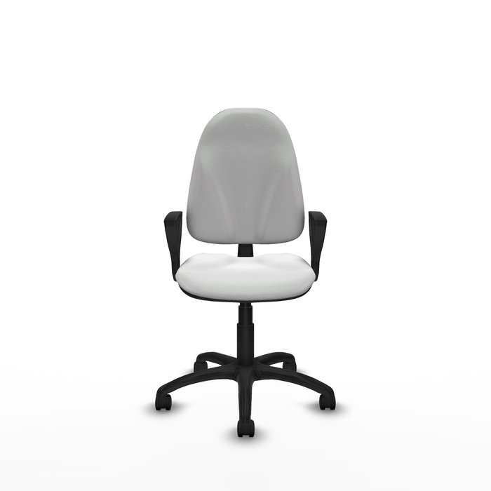 Chaise de bureau Algarra avec mécanisme Contact permanent de base, revêtement en tissu blanc. Équipée d'une base en polyamide noir, d'accoudoirs fixes et de roulettes en nylon de 50 mm