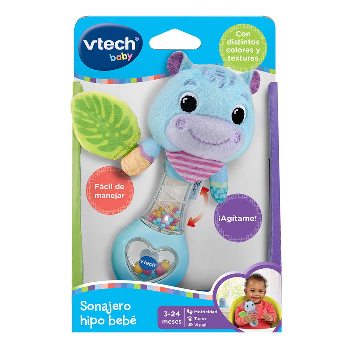 V-Tech Sonajero Hipo Bébé Azul 80-577322 - Sonajero Hippopotame Léger pour Bébé +3 Mois avec Textures Variées pour Stimulation