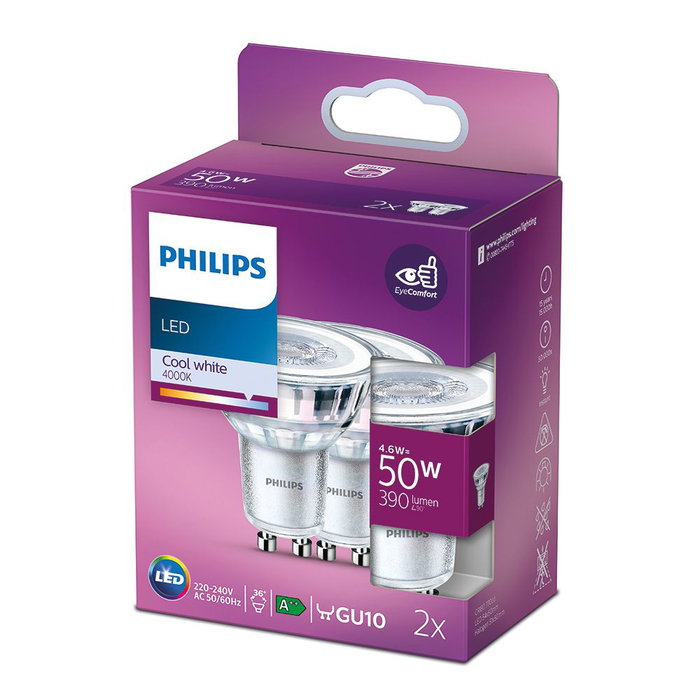 Philips Pack de 2 Ampoules LED GU10 36D 4.6W 355Lm 4000K PH-929001218218 Philips Pack de 2 Ampoules LED GU10 36D 4.6W 355Lm 4000K PH-929001218218