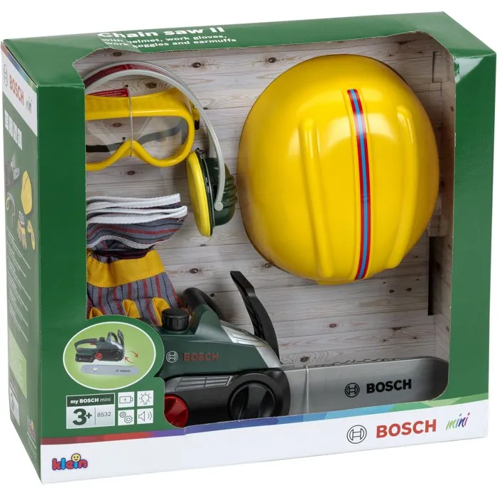 KLEIN Jouet d'imitation Bosch Set Bûcheron avec Tronçonneuse Electronique et Accessoires, 5 Pièces - Fonctions Sonores et Lumineuses