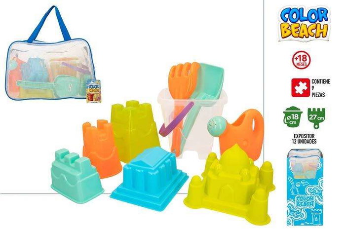 Color Baby - Jeu de Plage pour Enfants, Cubo Castillo, Seau avec Pelles 27 cm, Arrosoir et 5 Moules, 18 cm, Bolsa