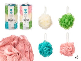 BERILO Set de 3 pompons de bain PVC et tissu, assortiment de 2 couleurs