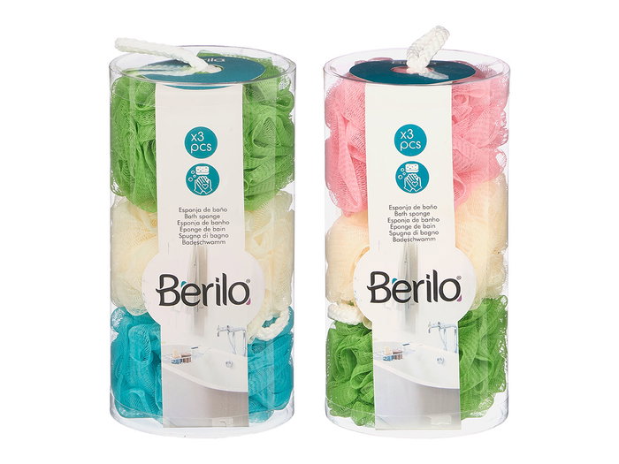 BERILO Set de 3 pompons de bain PVC et tissu, assortiment de 2 couleurs BERILO Set de 3 pompons de bain PVC et tissu, assortiment de 2 couleurs