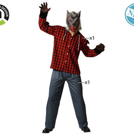 Déguisement Homme Loup adulte XL avec chemise à carreaux et pantalon - Gris, thème Halloween, polyester