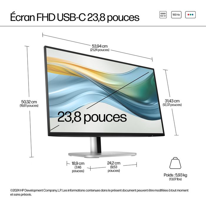 HP Écran FHD USB-C 23,8 pouces HP Series 5 Pro – HP 524pu Noir