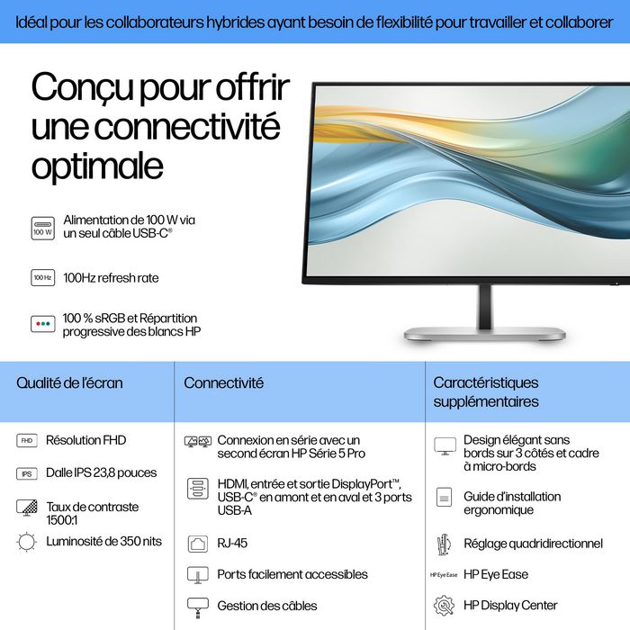 HP Écran FHD USB-C 23,8 pouces HP Series 5 Pro – HP 524pu Noir