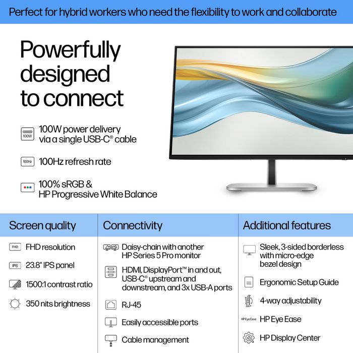 HP Écran FHD USB-C 23,8 pouces HP Series 5 Pro – HP 524pu Noir