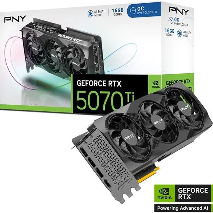 PNY Carte Graphique NVIDIA GeForce RTX 5070 Ti 16GB GDDR7 STD OC avec Triple Ventilateurs, DLSS 4 et Ray Tracing PNY Carte Graphique NVIDIA GeForce RTX 5070 Ti 16GB GDDR7 STD OC avec Triple Ventilateurs, DLSS 4 et Ray Tracing