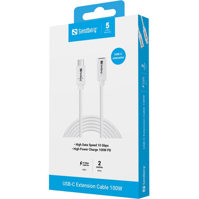 Sandberg Rallonge USB-C vers USB-C Mâle/Femelle, USB 3.1, 10 Gb/s, 100W PD, 2 mètres