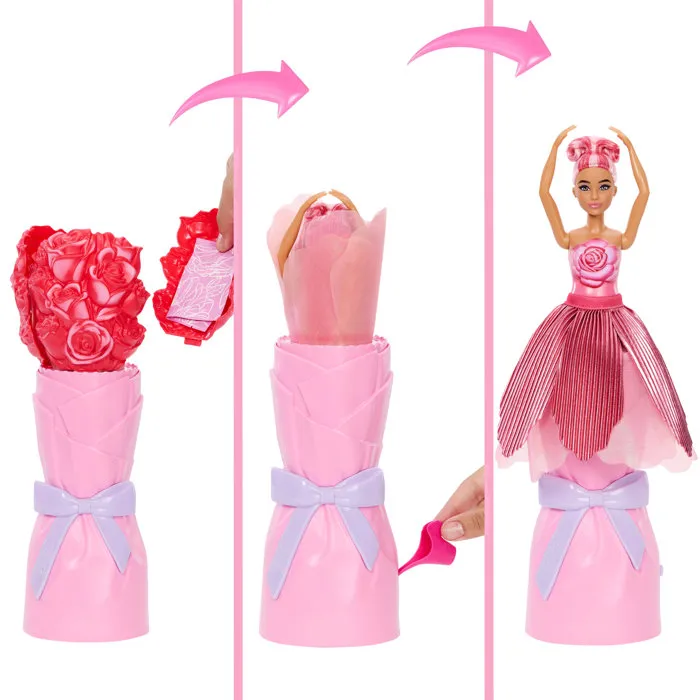 Barbie Petal Pop - Poupée Rose Rouge avec Fleur à Surprises et Accessoires - Jouet Printemps