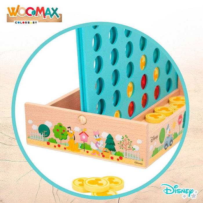WOOMAX Jeu de Société 4 en Ligne en Bois Disney - 37 Pièces, Plateau 25x15,5 cm - À Partir de 3 Ans
