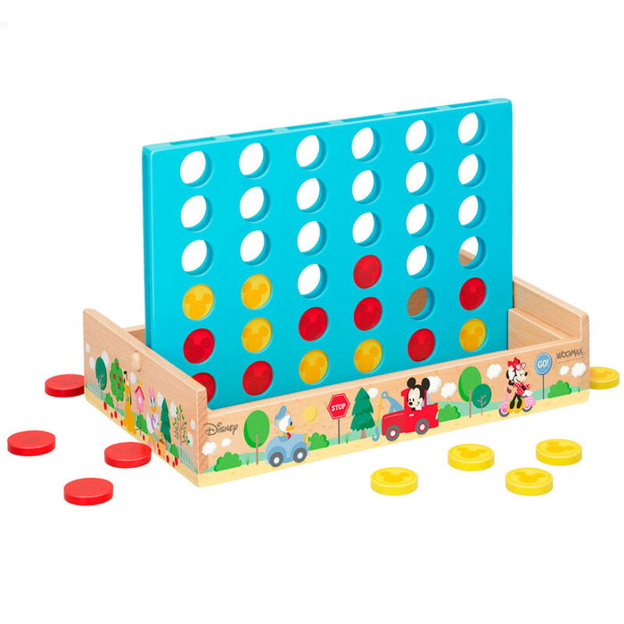 WOOMAX Jeu de Société 4 en Ligne en Bois Disney - 37 Pièces, Plateau 25x15,5 cm - À Partir de 3 Ans