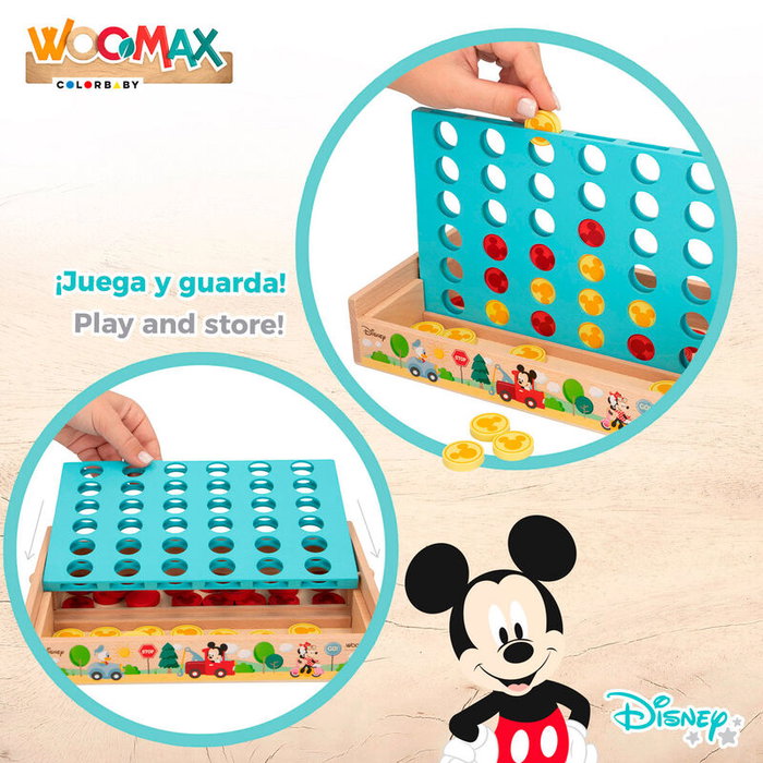 WOOMAX Jeu de Société 4 en Ligne en Bois Disney - 37 Pièces, Plateau 25x15,5 cm - À Partir de 3 Ans