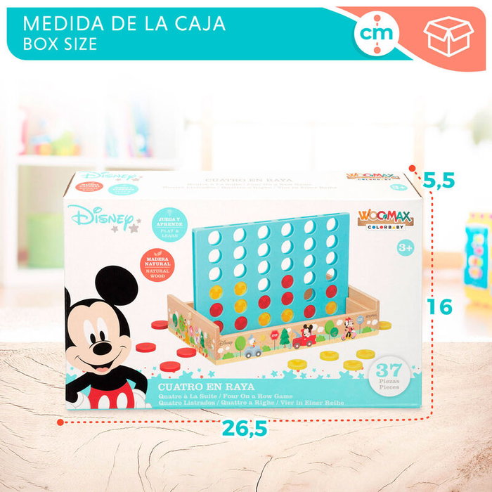 WOOMAX Jeu de Société 4 en Ligne en Bois Disney - 37 Pièces, Plateau 25x15,5 cm - À Partir de 3 Ans