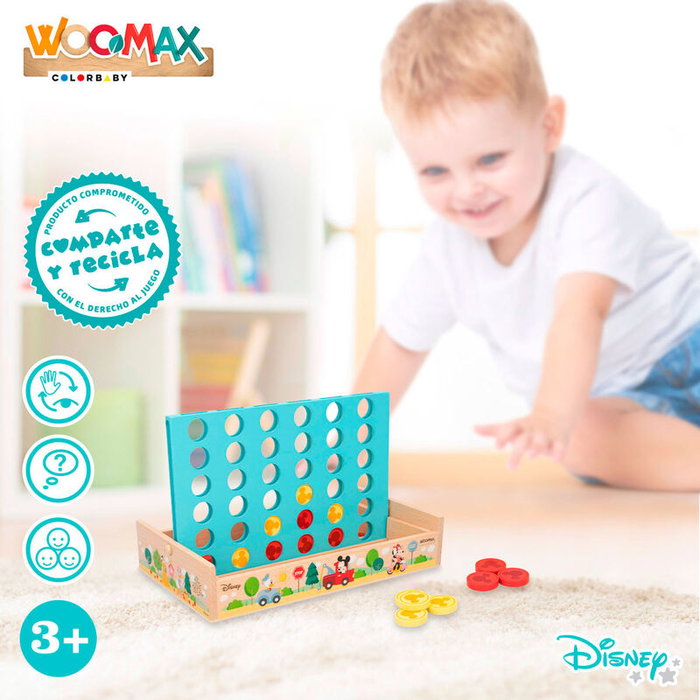 WOOMAX Jeu de Société 4 en Ligne en Bois Disney - 37 Pièces, Plateau 25x15,5 cm - À Partir de 3 Ans