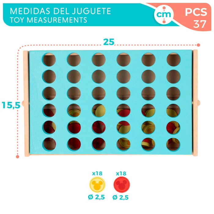 WOOMAX Jeu de Société 4 en Ligne en Bois Disney - 37 Pièces, Plateau 25x15,5 cm - À Partir de 3 Ans