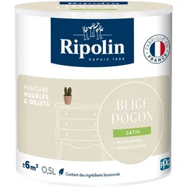 Ripolin - Peinture Meubles & Objets - 0,5 L - Beige Dogon - Satiné - Pour Bois, Mélaminé, Stratifié, Métal - Intérieur/Extérieur - Sans Sous-couche - 10% Biosourcée
