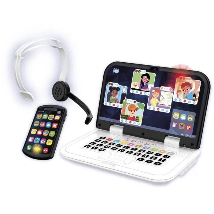 KD - Kit Télétravail Enfant Ordinateur et Smartphone Tactile avec Lumières et Sons Réalistes - 5 Modes de Jeu Dont Quiz - Jeu Éducatif dès 18 Mois