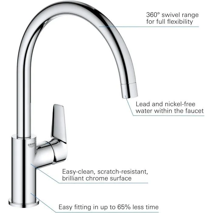 GROHE Mitigeur de cuisine monocommande pour évier, chromé, bec col de cygne, pour perçage de 34 mm