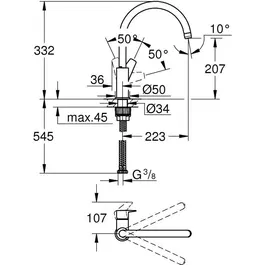 GROHE Mitigeur de cuisine monocommande pour évier, chromé, bec col de cygne, pour perçage de 34 mm