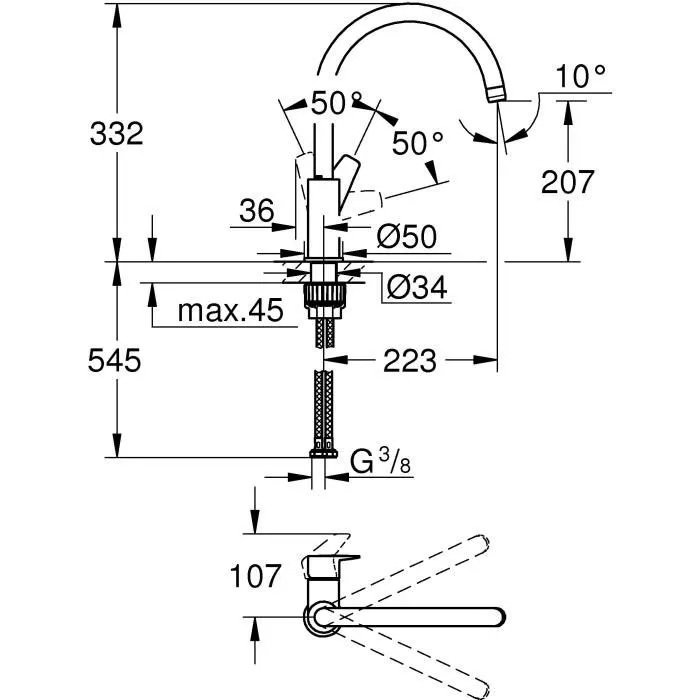 GROHE Mitigeur de cuisine monocommande pour évier, chromé, bec col de cygne, pour perçage de 34 mm