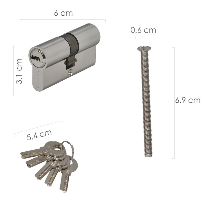 WOLFPACK LINEA PROFESIONAL Cylindre de Sécurité 30x30 mm Levier Long 13,5 mm Nickelé avec 5 Clés