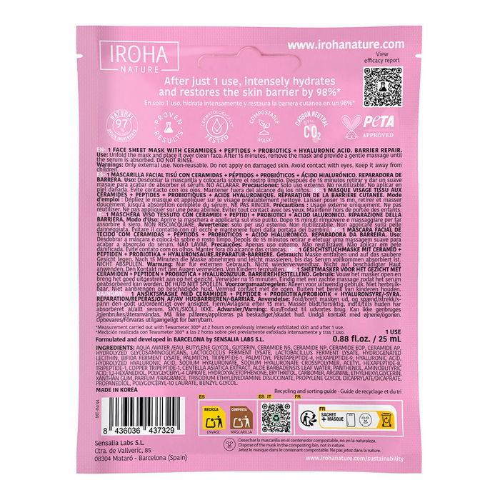 Iroha Masque Visage Réparateur Barrière - 1 unité - Peaux Sensibles, Sèches et Déshydratées - Céramides, Peptides, Probiotiques, Acide Hyaluronique Iroha Masque Visage Réparateur Barrière - 1 unité - Peaux Sensibles, Sèches et Déshydratées - Céramides, Peptides, Probiotiques, Acide Hyaluronique