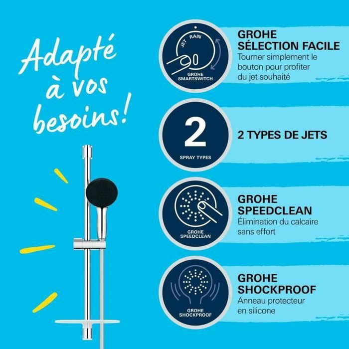 Grohe Vitalio Start 110 Ensemble de douche avec pommeau 2 jets, barre 60cm et tablette, Chrome